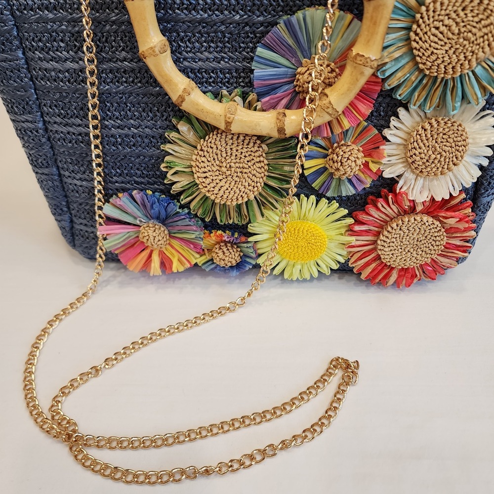 Haute Hippie Women's Straw Raffia Bag Purse With Gold Tone Chain Retro Ladylike - Picture 2 of 11